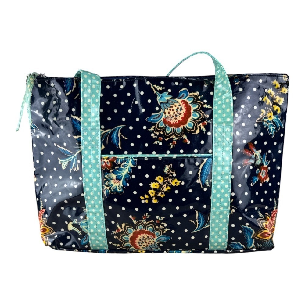 Lily Waters Large Tote Bag Navy Blue Paisley Floral Coated Cotton Zipper Closure